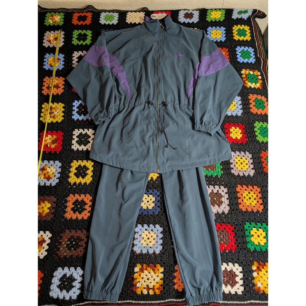 Asics Vintage 90s Purple Green Nylon Tracksuit Rare Large Water Wind Resistant